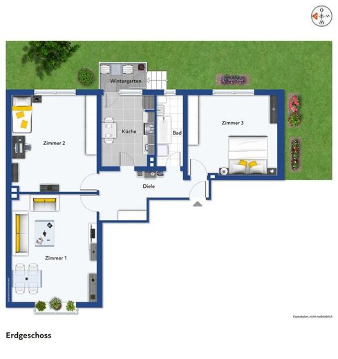 Helle 3 Zimmer Wohnung in zentraler Lage mit Balkon – Grundriss 3 Zimmer + Garten