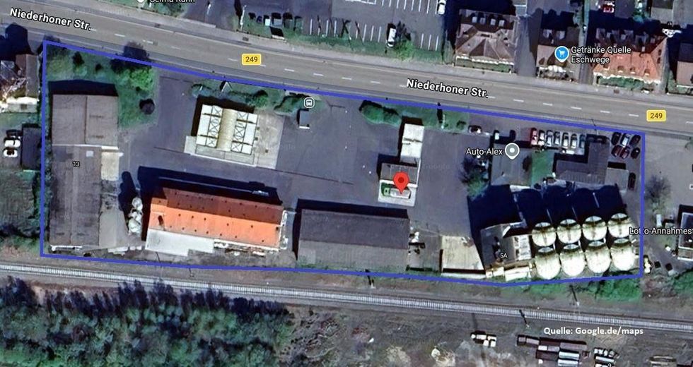 TOP Lage direkt an der B249 in Eschwege - Grundstück ohne Gebäudebestand – Luftbild markiert
