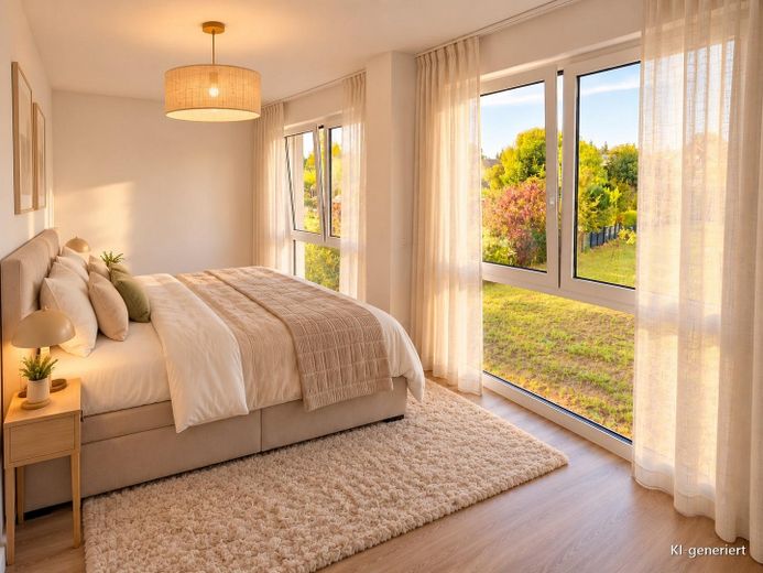 2026’da ilk kez oturuma hazır: Magdeburg’un güneyinde ikiz evin yarısı – bahçe, şömine, ısı pompası, 150 m², A+ – Schlafzimmer – KI-Beispiel