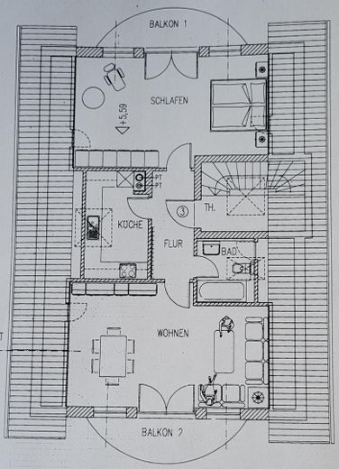 Herrlich geschnittene 2 Zimmerwohnung mit 2 Balkonen – Grundriss der Dachgeschosswohn
