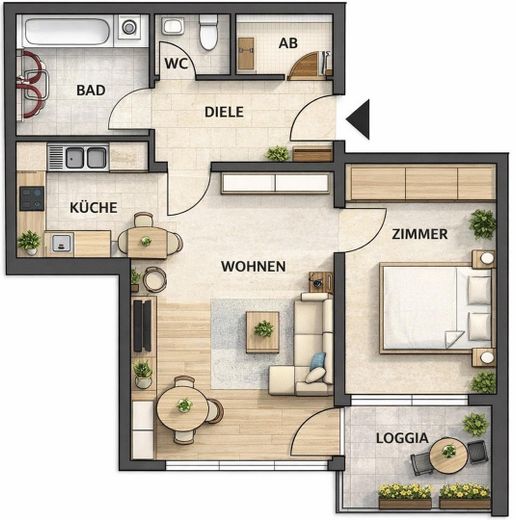 Schöne 2-Zi.-Whg. m. Südbalkon u. EBK - top vermietet - in ruhiger und zentraler Lage – Grundriss