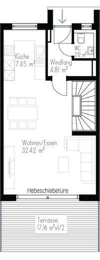 Erstbezug: A+ Neubau-Reihenhaus mit 6 Zimmern, Premiumküche, PV-Speicher & Garten – Grundriss Erdgeschoss