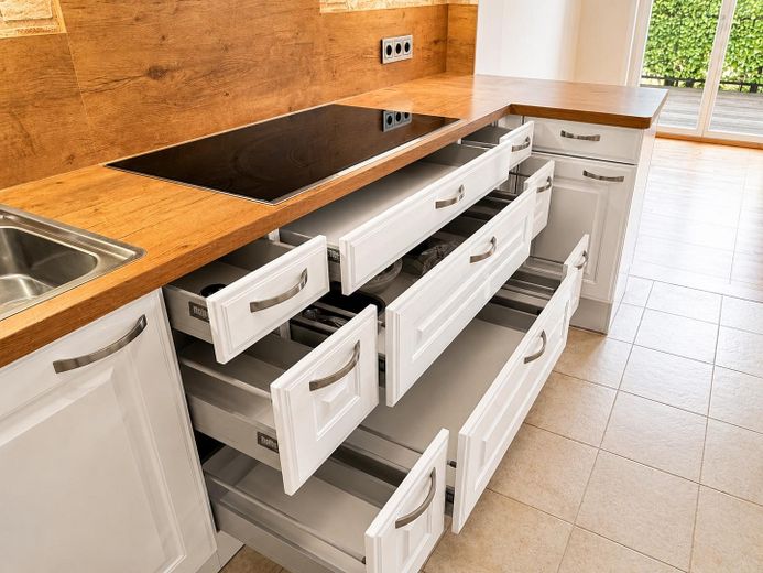 Herrschaftliche Hochparterrewohnung mit Terrasse, Kamin, Carport, in ruhiger Lage – Schuladenvollauszüge