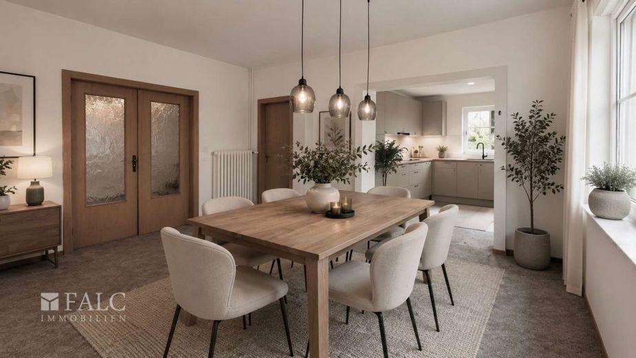 Familienhaus mit Gartenidylle sucht neue Ideen und frischen Glanz – KI gestagt Esszimmer