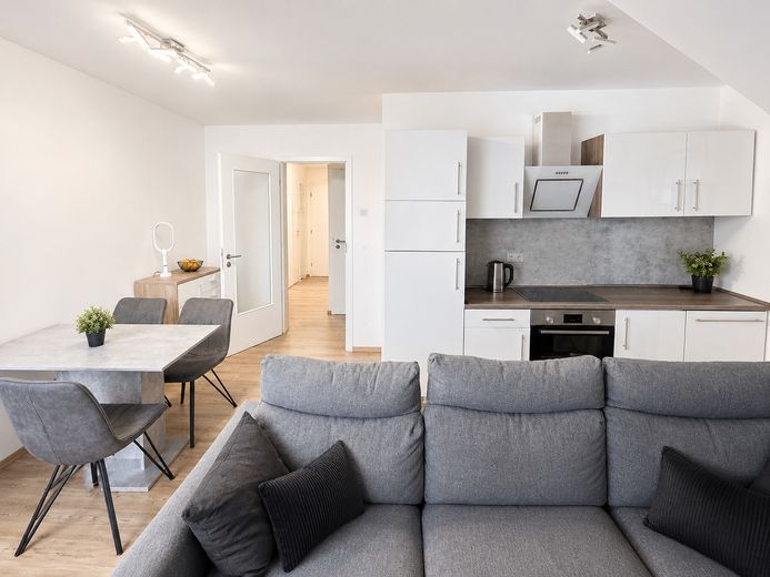 Appartement moderne de 2 pièces au dernier étage avec balcon orienté sud, situé au centre de Versmold – Wohnküche