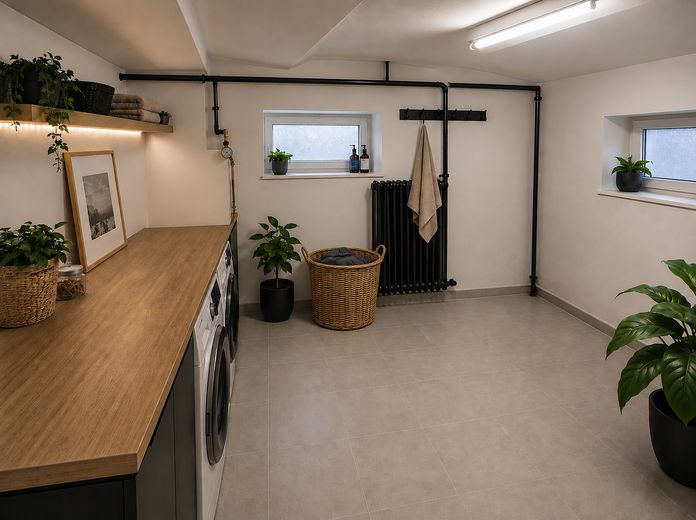 Casa bifamiliare centrale, ampio giardino consolidato, garage doppio, impianto fotovoltaico, senza provvigione – Waschkeller KI-visualisiert