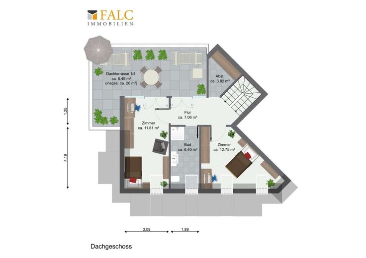 Wohn(t)raum über 2 Etagen mit Dachterrasse, Balkon, 2 Einstellplätzen, Einbau Wärmepumpe 2026 – Grundriss Dachgeschoss (3.OG)