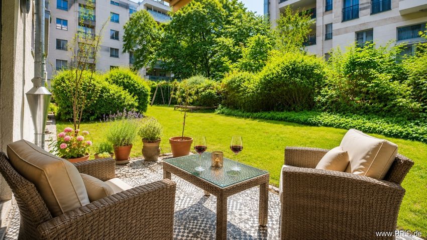 Ruhige Gartenterrasse mit 3-Zimmer-Wohnung - total zentral – Terrasse