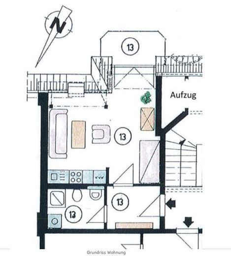 modernisierte/helle und möblierte Dachgeschosswohnung - 1,5 Zi. Küche mit EBK/Wannenbad  - ca. 35m² - zentrumsnah – 013_Grundriss