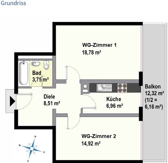 WG-Zimmer(!) ca. 19 qm [shared app.] in voll möblierter 59 qm 2-Zi-Whg. / hochwertige Ausstattung – Grundriss