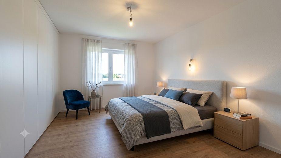 Modernes Wohnglück: Frisch sanierte 3-Zimmer-Wohnung mit Tageslichtbad & Multisplit-Klimatisierung – Schlafzimmer KI