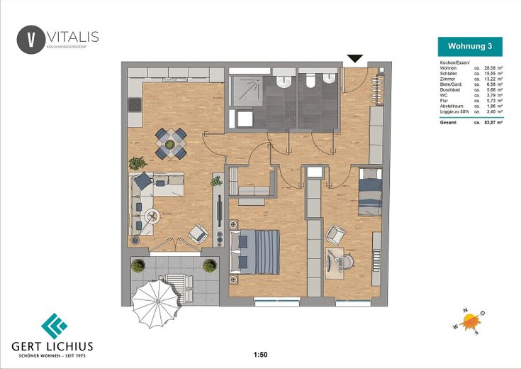 Kapitalanlage mit Substanz: 3-Zimmer-Neubauwohnung in Köln-Müngersdorf – Grundriss
