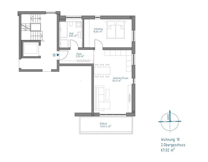 Neubau - freundliche 2-Zimmer-Wohnung mit großem Balkon – Grundriss mit ca. WF-Angaben