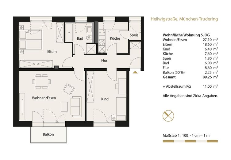First occupancy after complete renovation: Spacious 3-room apartment with balcony in Munich-Trudering - Unit 5 – Grundriss Wohnung