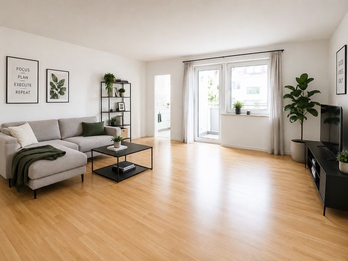 Słoneczne mieszkanie 2-pokojowe przed Freiburgiem | balkon od strony południowo-zachodniej | łazienka z oknem | dostępne od zaraz – Wohnzimmer - Visualisierung 