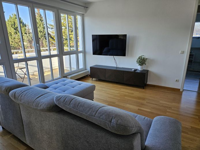 Appartamento arredato di 2 locali con balcone, posto auto TG e WLAN – ideale per expat – Wohnzimmer mit Schlafcouch