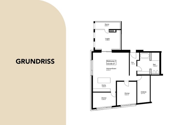 Erstbezug- hochwertige 4-Zimmer-Neubauwohnung mit 2,8m Deckenhöhe, Loggia und Sauna – Grundriss