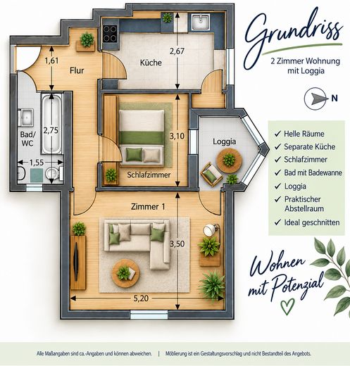 Apartamento en propiedad de 1,5 habitaciones sin alquilar en Westend – Mucho margen de diseño en una ubicación muy solicitada – Grundriss