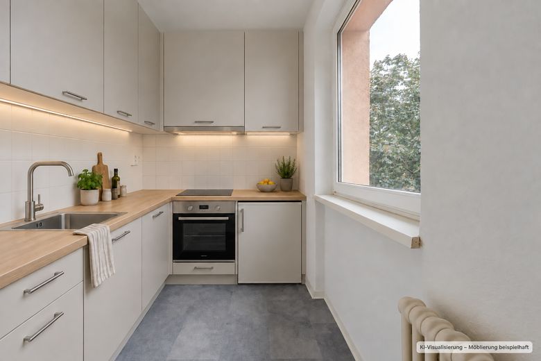 2 Zimmer in Prenzlauer Berg – bezugsfrei, provisionsfrei & renoviert – Küche - KI-Möblierung