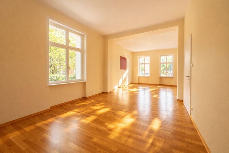 Herrschaftliche Hochparterrewohnung mit Terrasse, Kamin, Carport, in ruhiger Lage – Wohnzimmer