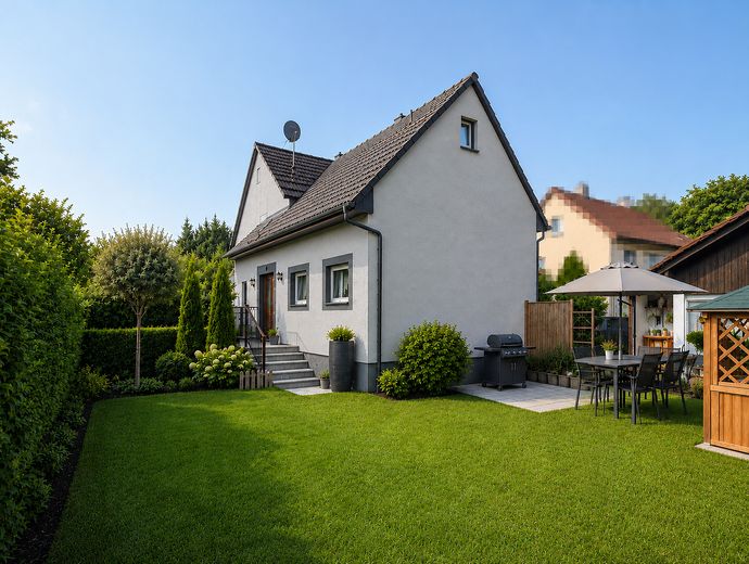 Casa bifamiliare centrale, ampio giardino consolidato, garage doppio, impianto fotovoltaico, senza provvigione – Ansicht Garten, Haus KI-vis.