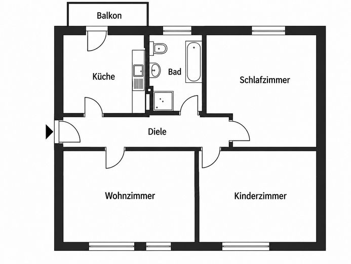 3-Zimmer, Balkon, Einbauküche & Tageslichtbad – Grundriss