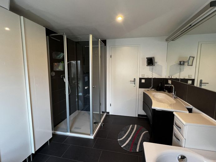 Maison individuelle économe en énergie avec jardin orienté au sud, cheminée, cuisine haut de gamme et garage double – Hauptbad