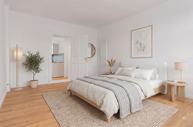 Kernsanierter 2-Zimmer-Altbau in Berlin-Köpenick: Erstbezug mit Wohnküche, Tageslichtbad und Balkon – Zimmer 1 - KI Visualisierung