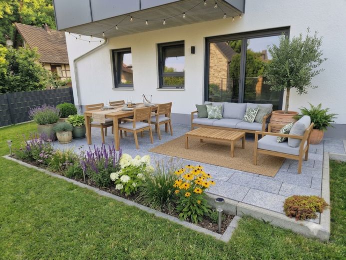 Maisonette Wohnung 71m² + 65m² Souterrain eigene Haustüre Erstbezug 2199€ warm inkl. Küche, Carport – Beispiel Terrassengestaltung