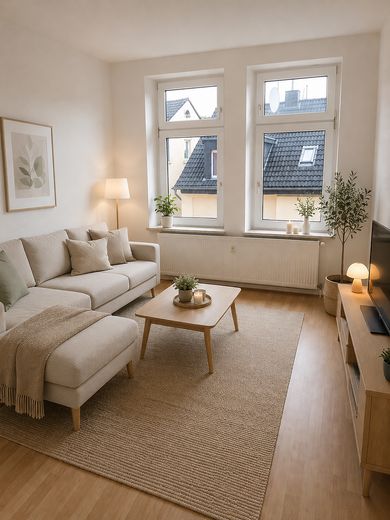 Простора 3-кімнатна квартира в старому будинку в Герде | 86 м² | Балкон | відремонтована | без комісії / новий дах – Wohnzimmer KI generiert