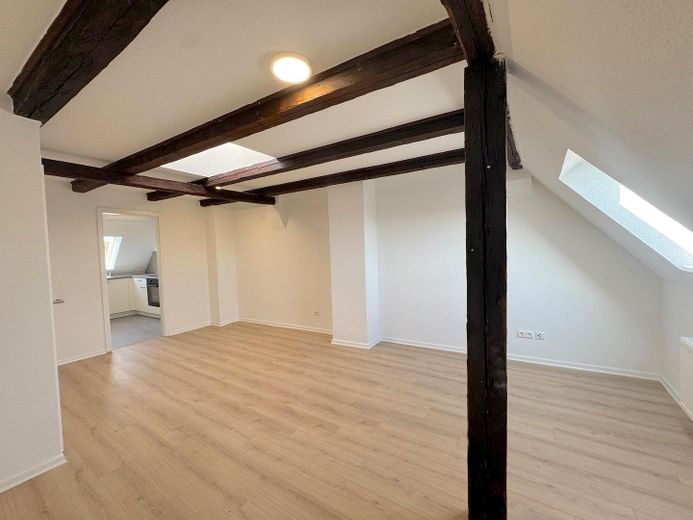 Frisch renovierte 3-Zimmer-Dachgeschosswohnung in bester Altstadtlage von Wismar. – Wohnzimmer