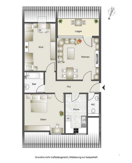 SENZA PROVVIGIONE: appartamento mansardato di 3 locali, loggia, garage, investimento di capitale / uso proprio – Grundriss Beispiel Möblierung