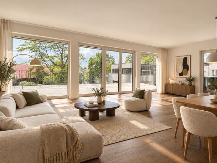 Neubau-Penthouse mit großer Dachterrasse in Verl – Wohnzimmer (KI-generiert)