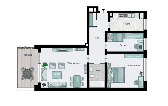 Wohnen wie im eigenen Haus – renovierte 3 -Zimmer Wohnung mit großer Terrasse & Garten – Grundriss