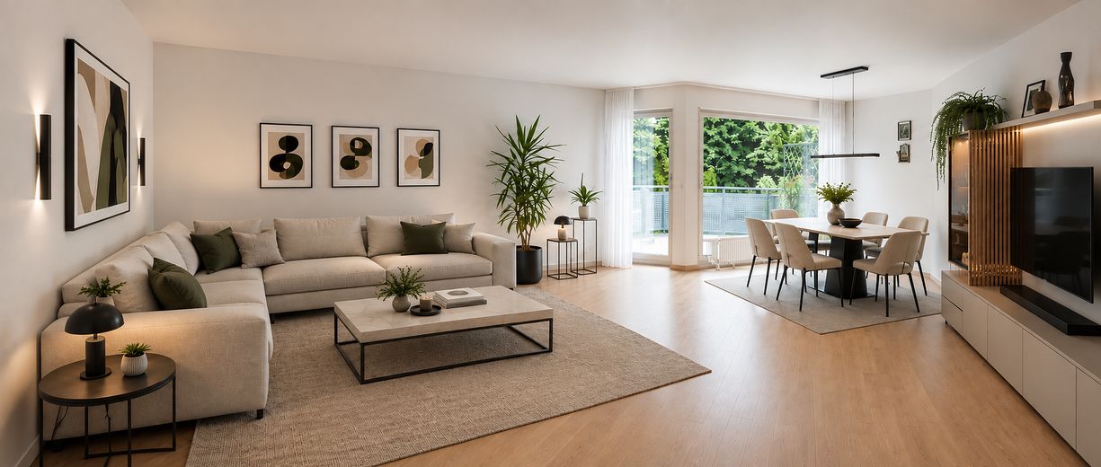 Spacieuse maison mitoyenne centrale à Geradstetten – Wohnzimmer - KI Bild möbliert