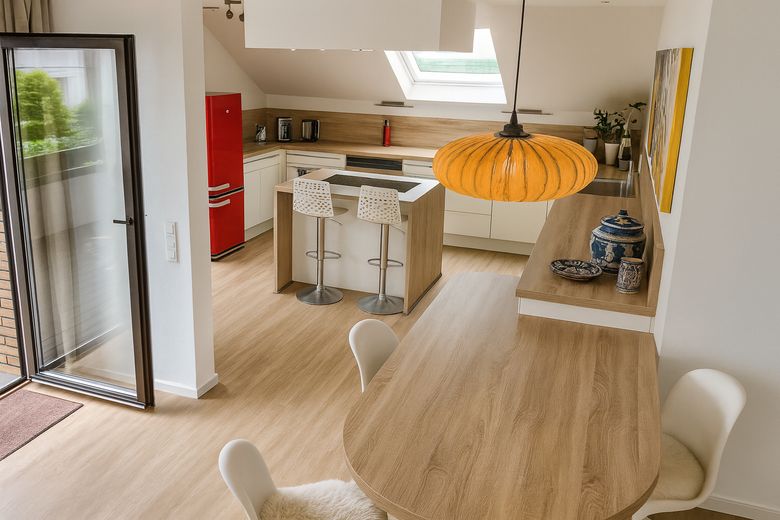 Küche mit Kochinsel im OG