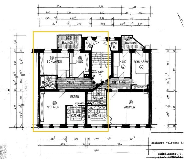 Modernisierte Wohnung mit EBK, 3-Zimmer und Balkon in Chemnitz – Bemaßter Grundriss der Wohnung