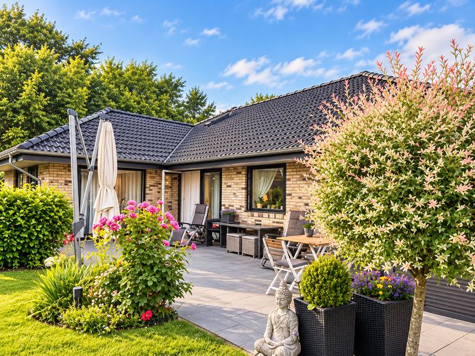 Nowoczesny bungalow KfW-40 – 125 m² powierzchni mieszkalnej, działka 811 m² i duży ogród – Gartenansicht