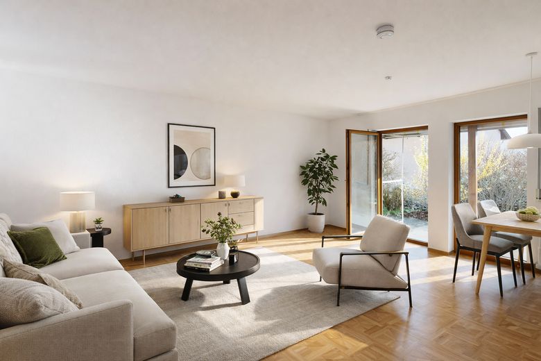 Flexible und kühle 83 qm in ruhiger Lage – KI-Wohnbeispiel Wohnzimmer 