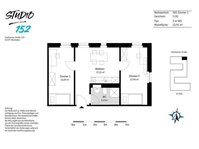 TYLKO DLA STUDENTÓW: Studio 152 – nowoczesny pokój w mieszkaniu 2-osobowym ze wspólną kuchnią, CZYNSZEM ALL-IN, ITP. w dzielnicy Rheingauviertel w Wiesbaden – Grundriss 2er-WG