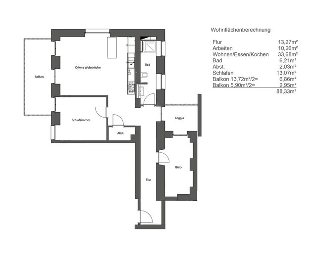 Moderne 3-Zi-Wohnung mit 2 Balkonen, hohen Decken uvm. – Grundriss
