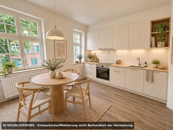 Wonen met geschiedenis & uitzicht op groen – gemoderniseerd 2-kamerappartement met balkon en uitzicht op de klokkentoren – Küche - KI-Visualisierung