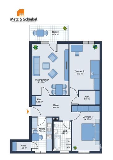 Elegante 3-Zimmer-Wohnung mit Westbalkon in Top-Lage Mainz-Gonsenheim - bezugsfrei! – Grundriss