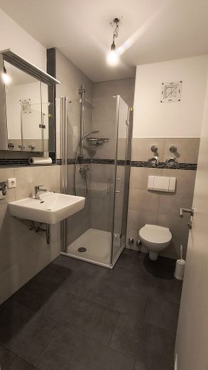Charmantes, renoviertes Apartment mit Terrasse, kleinem Garten & Tiefgaragenstellplatz in Regensburg – Modernisiertes WC/ Badezimmer