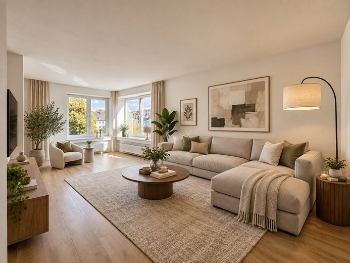 Frisch sanierte Penthousewohnung – Barrierefrei mit Aufzug – Top-Lage über den Dächern von Witten – Wohnzimmer - KI Visualisierung