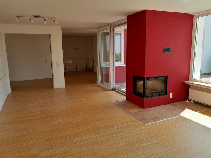 Blick auf Kamin und Essecke