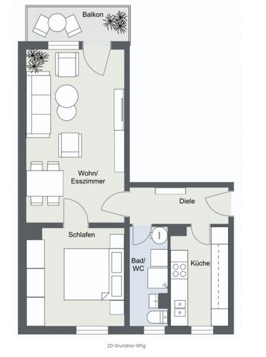 Verfügbarkeit ab 15.09.2026 – Charmante, teilmöblierte 2-Zimmer-Wohnung mit Westbalkon – 2D-Grundriss