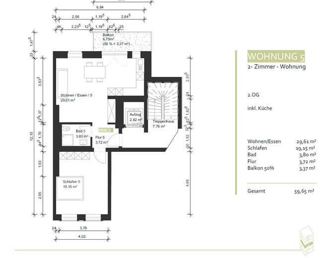 2-Zimmer-Wohnung in saniertem Altbau mit Einbauküche und Balkon zu vermieten! – Grundriss der Wohnung 