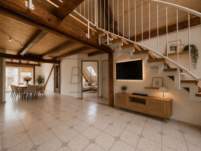 Galeriewohnung im Fachwerkstil - 5 Zimmer mit Loftcharakter &amp; 2 Stellplätzen – Wohnbeispiel mit virtueller Möblierung