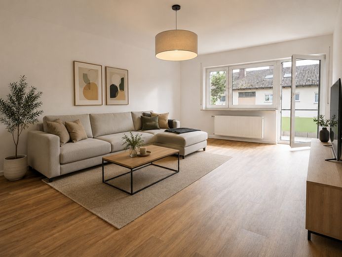 Ein Traum: Helle 3-Zimmer-Wohnung mit großem Balkon, Einbauküche und Garage – Visualisierung - Wohnzimmer